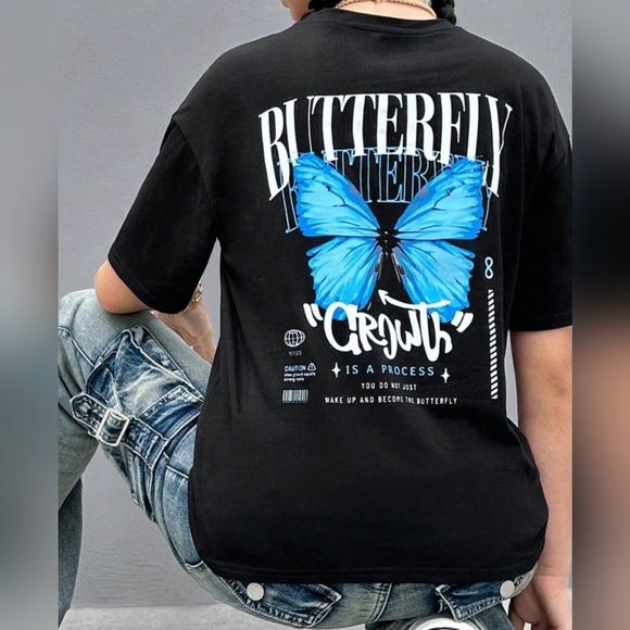 SHEIN Tops - * Shein Women's Butterfly Slogan Graphic Drop Short Sleeves Tee Black Sz Small